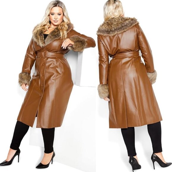 NWT City Chic Copper Faux Leather Fur Trimmed Longline Belted Coat 18 - Picture 1 of 15